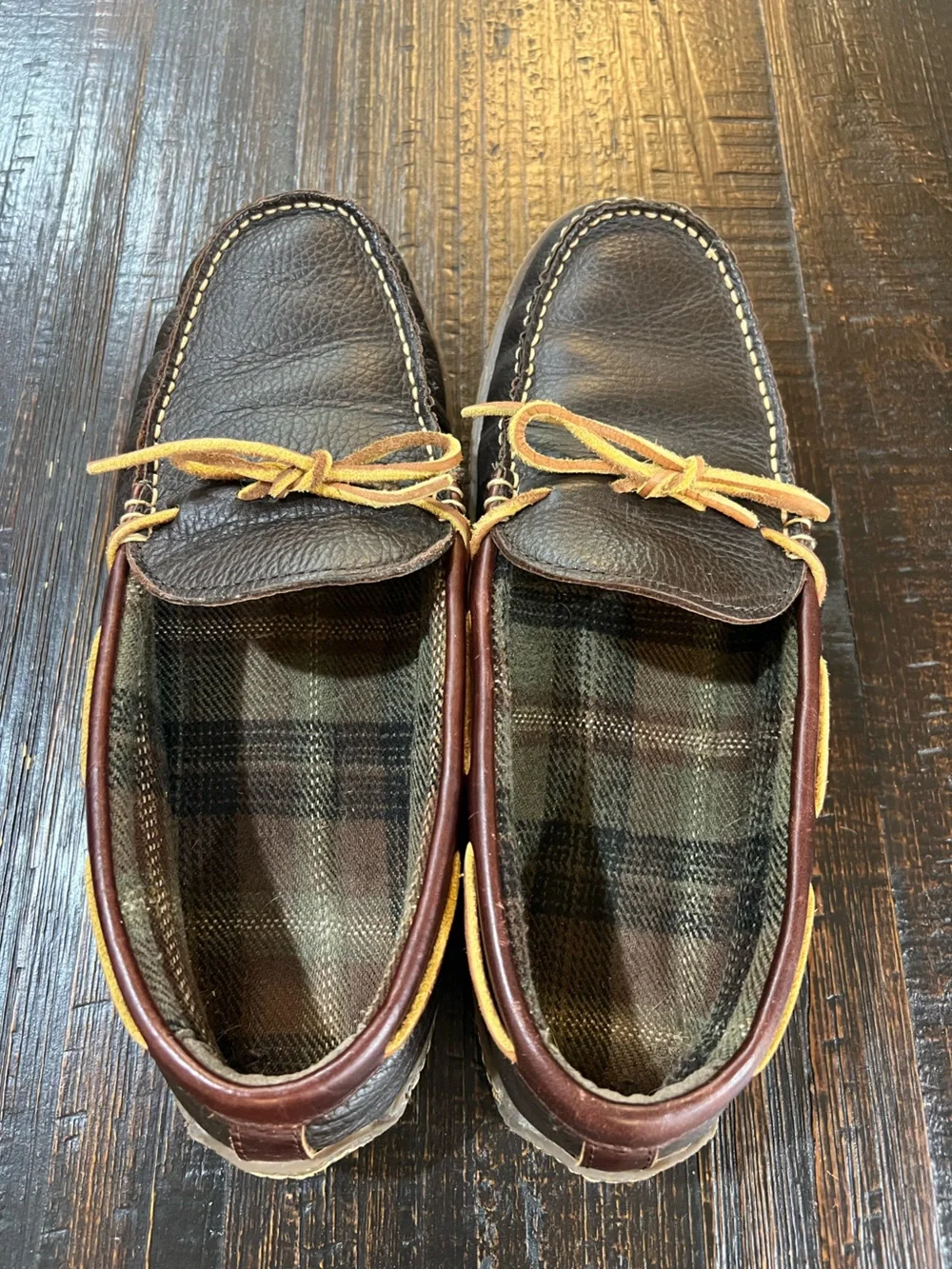 LL Bean Slippers Mens 11 M Brown Leather Flannel Lined Handsewn Moccasin Shoes